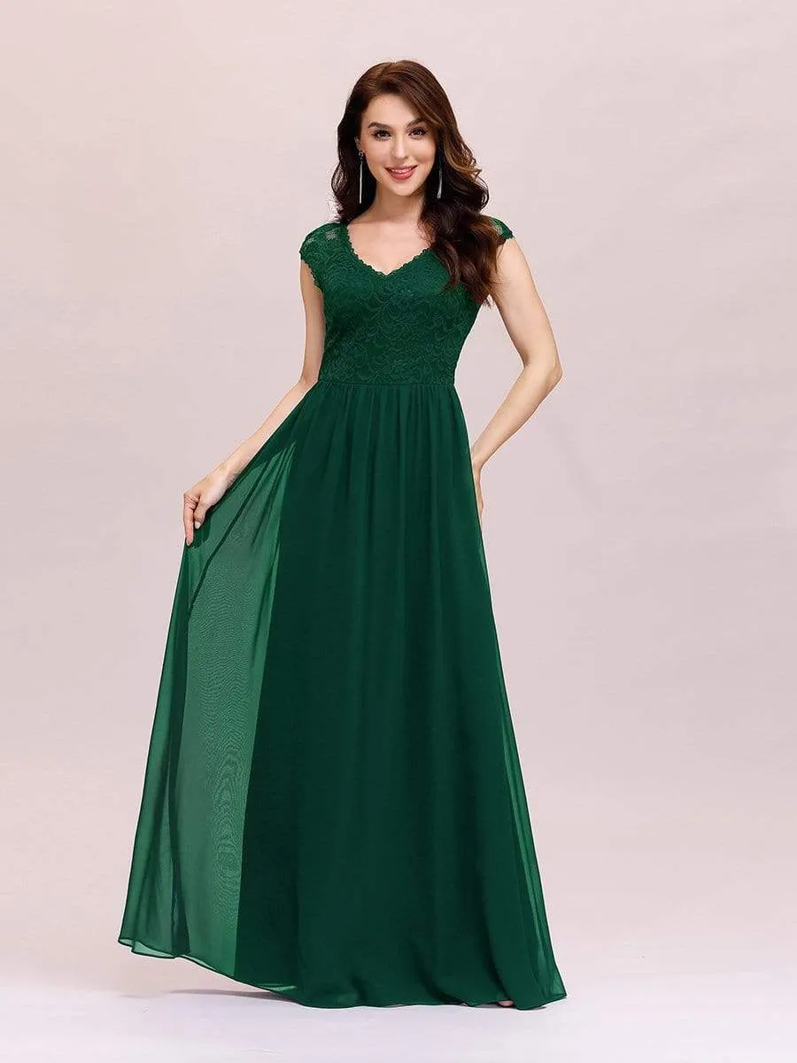 Classic Floral Lace V Neck Chiffon Evening Dress with Cap Sleeve