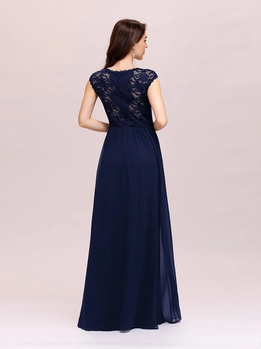 Classic Floral Lace V Neck Chiffon Evening Dress with Cap Sleeve