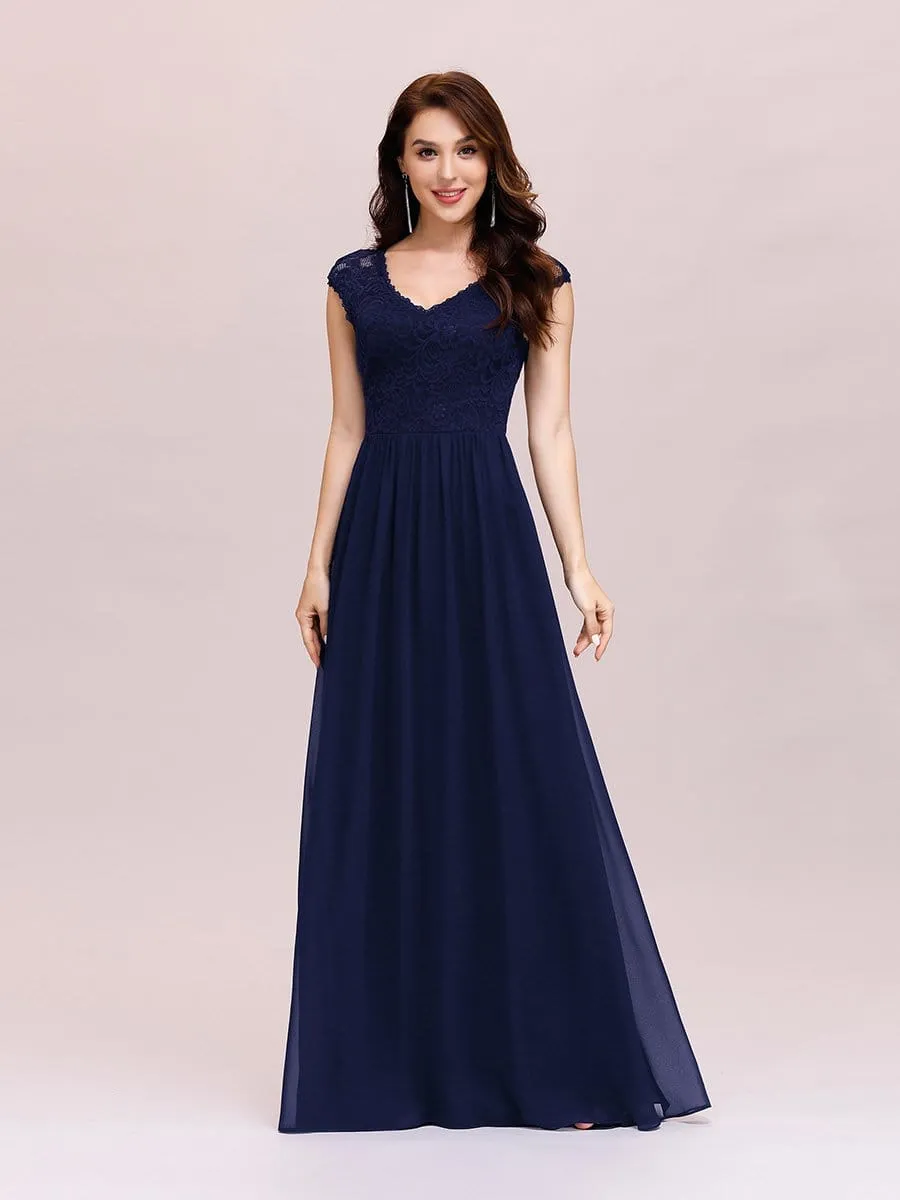 Classic Floral Lace V Neck Chiffon Evening Dress with Cap Sleeve