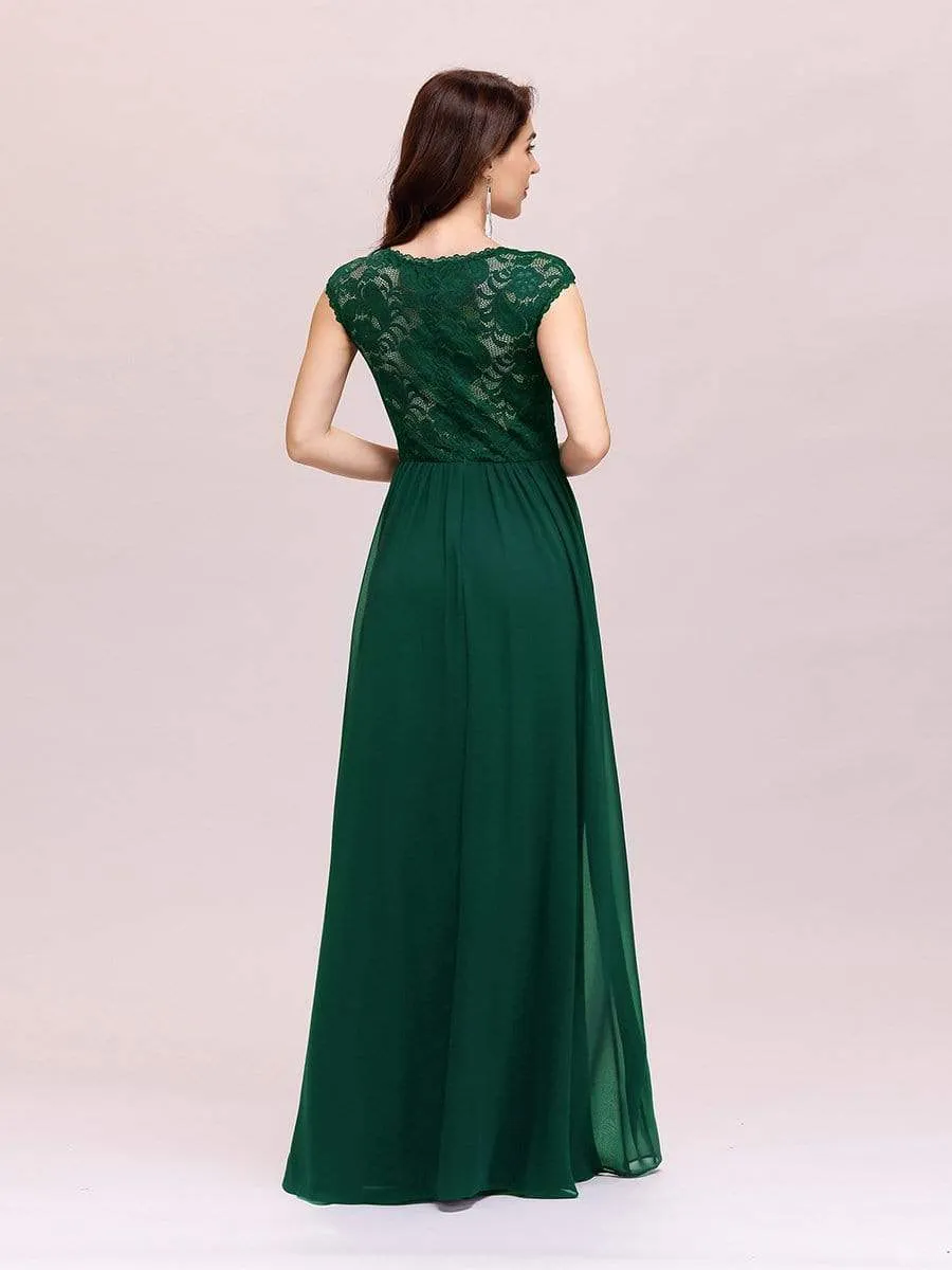 Classic Floral Lace V Neck Chiffon Evening Dress with Cap Sleeve