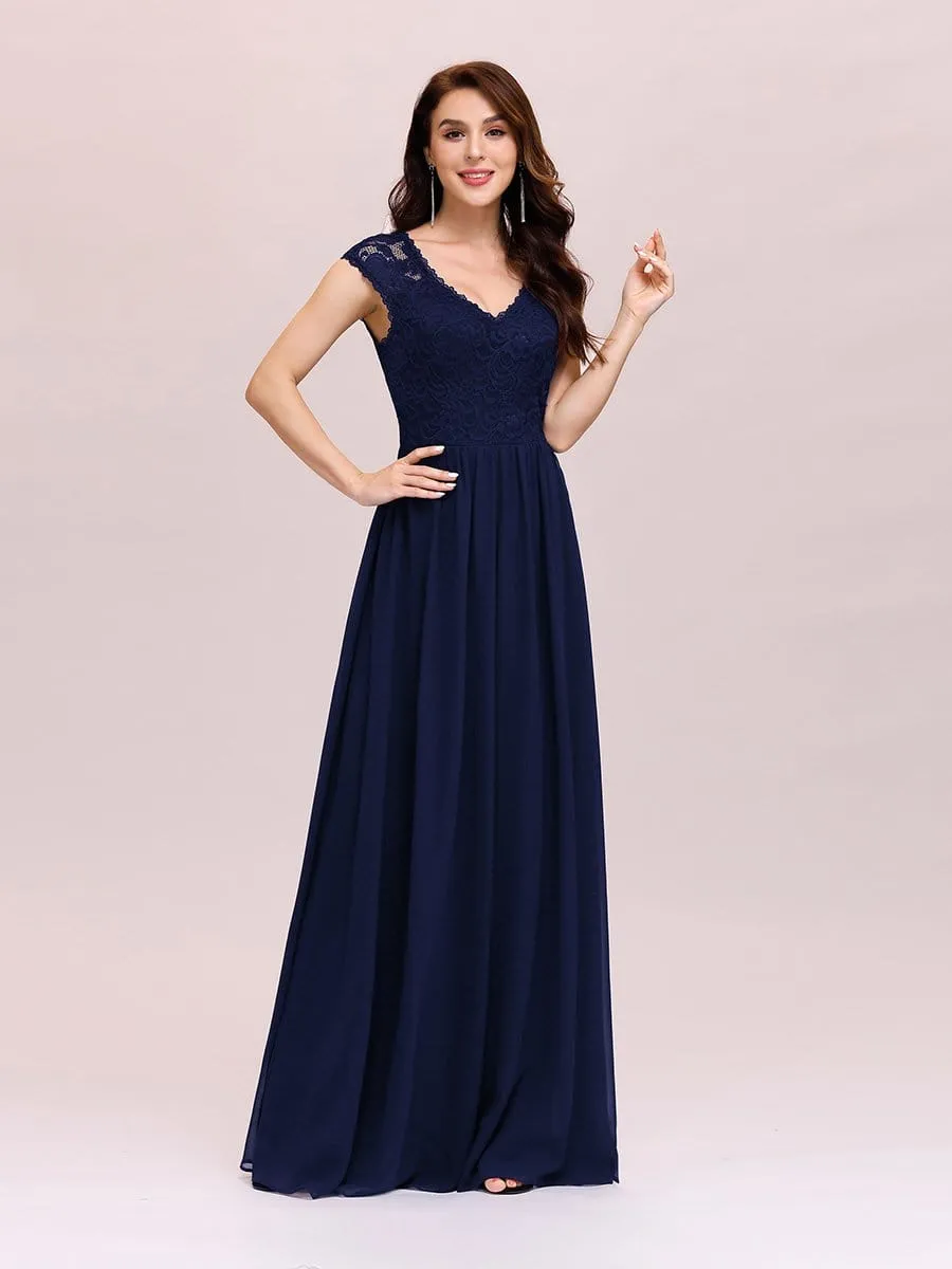 Classic Floral Lace V Neck Chiffon Evening Dress with Cap Sleeve