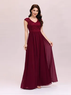 Classic Floral Lace V Neck Chiffon Evening Dress with Cap Sleeve