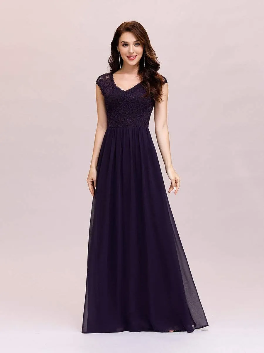 Classic Floral Lace V Neck Chiffon Evening Dress with Cap Sleeve