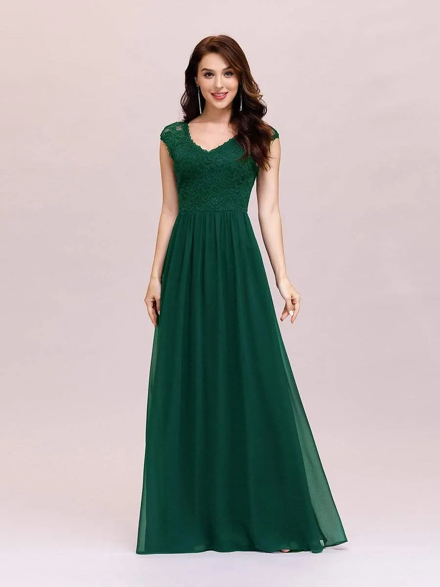 Classic Floral Lace V Neck Chiffon Evening Dress with Cap Sleeve