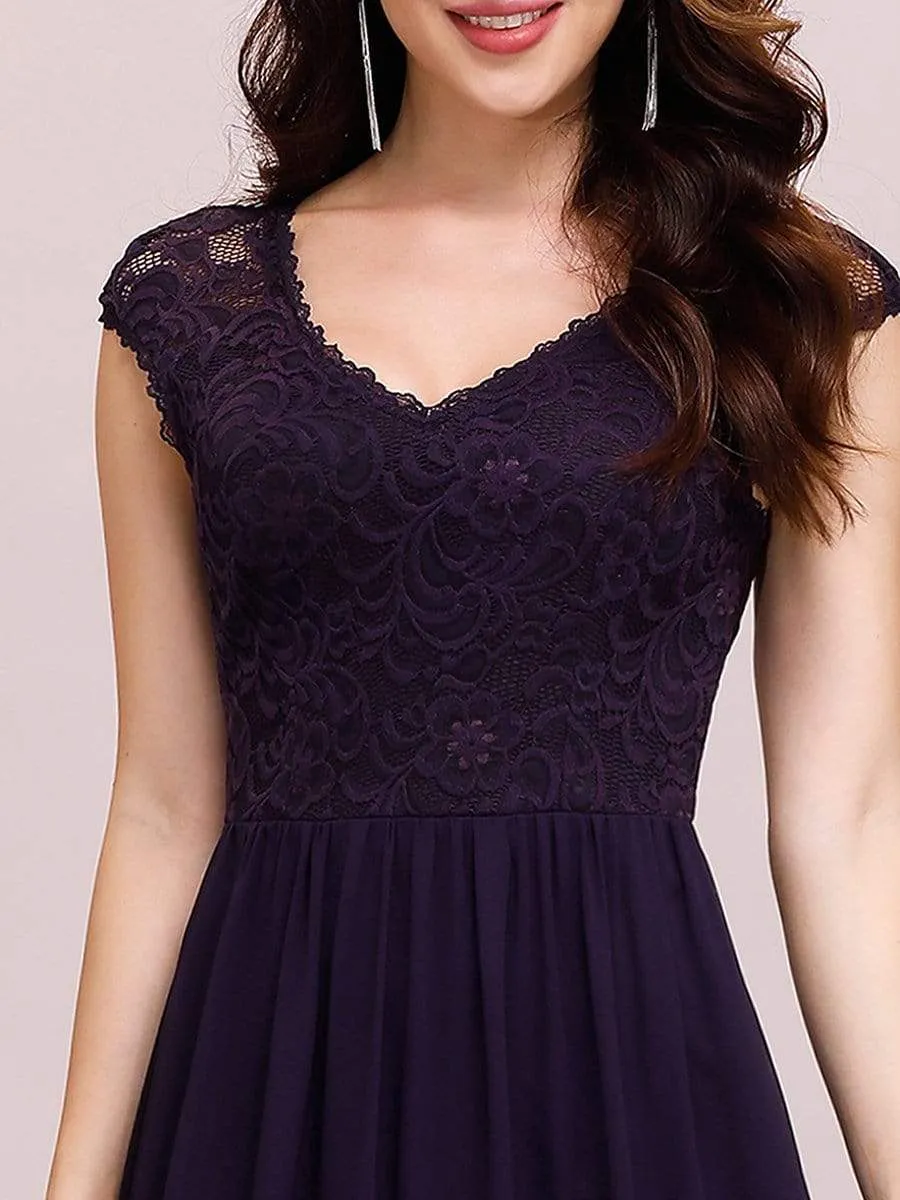 Classic Floral Lace V Neck Chiffon Evening Dress with Cap Sleeve