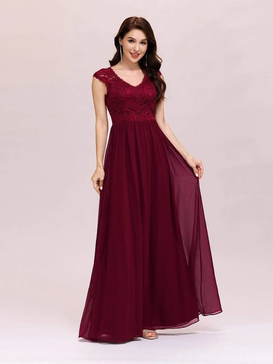 Classic Floral Lace V Neck Chiffon Evening Dress with Cap Sleeve