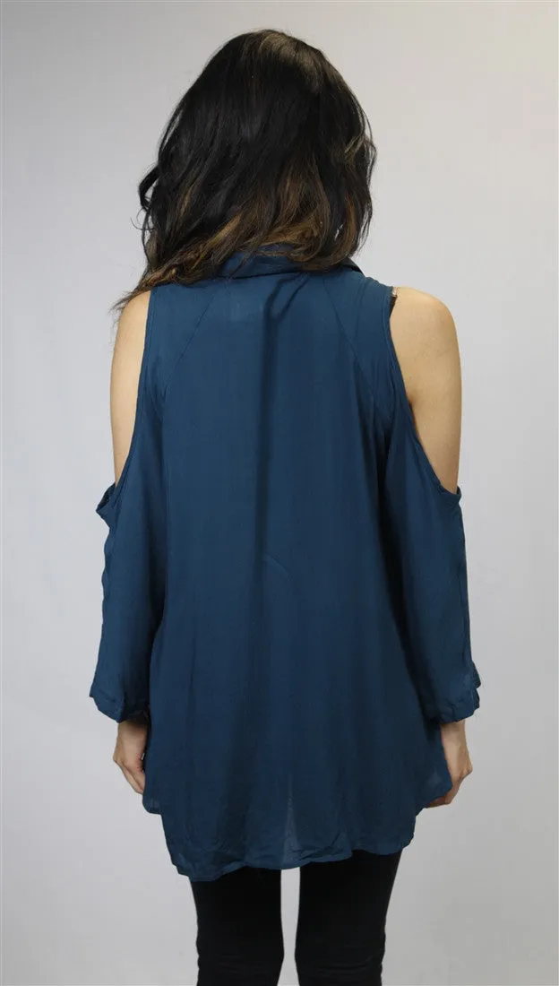 Cold Shoulder Cut Out Buttondown Blouse in Teal