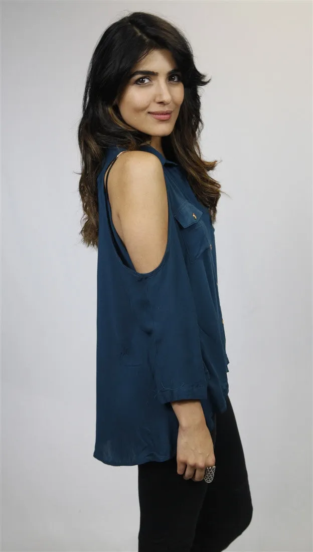 Cold Shoulder Cut Out Buttondown Blouse in Teal
