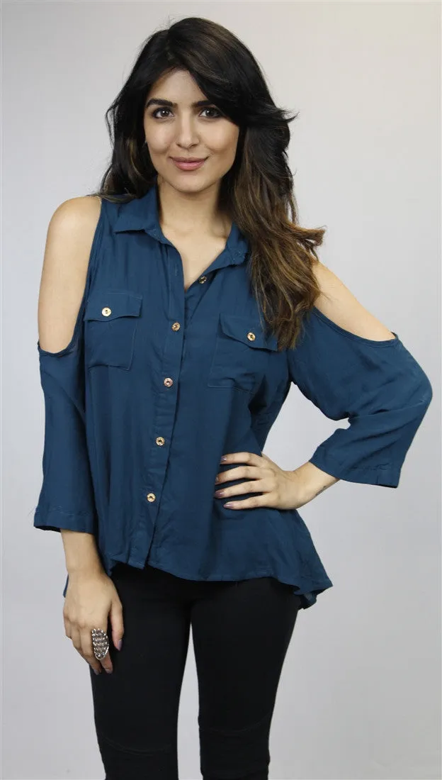 Cold Shoulder Cut Out Buttondown Blouse in Teal