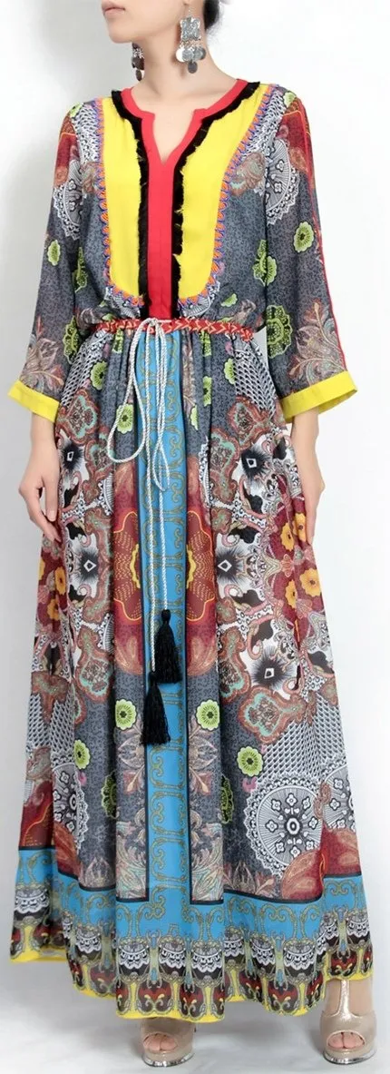 Color-Contrast Tassel-Belted Maxi Dress
