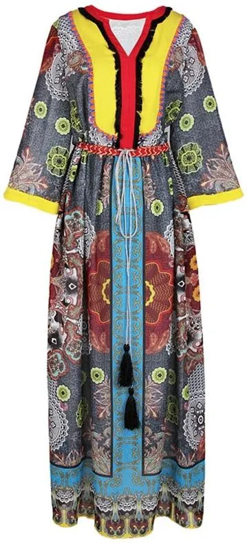 Color-Contrast Tassel-Belted Maxi Dress