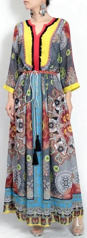 Color-Contrast Tassel-Belted Maxi Dress
