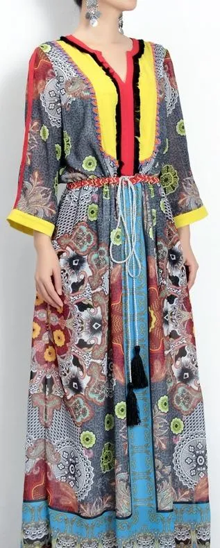Color-Contrast Tassel-Belted Maxi Dress