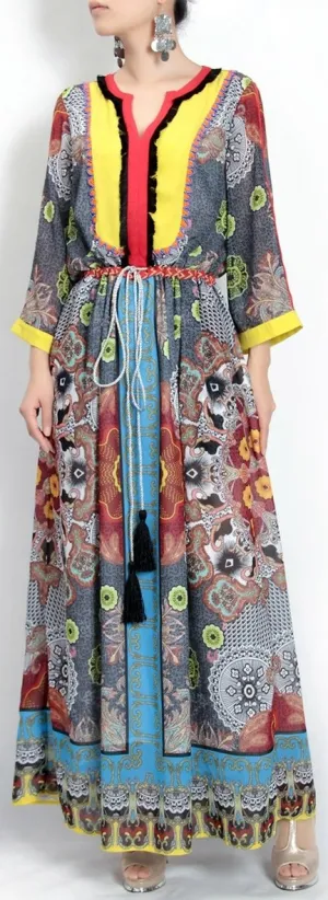 Color-Contrast Tassel-Belted Maxi Dress