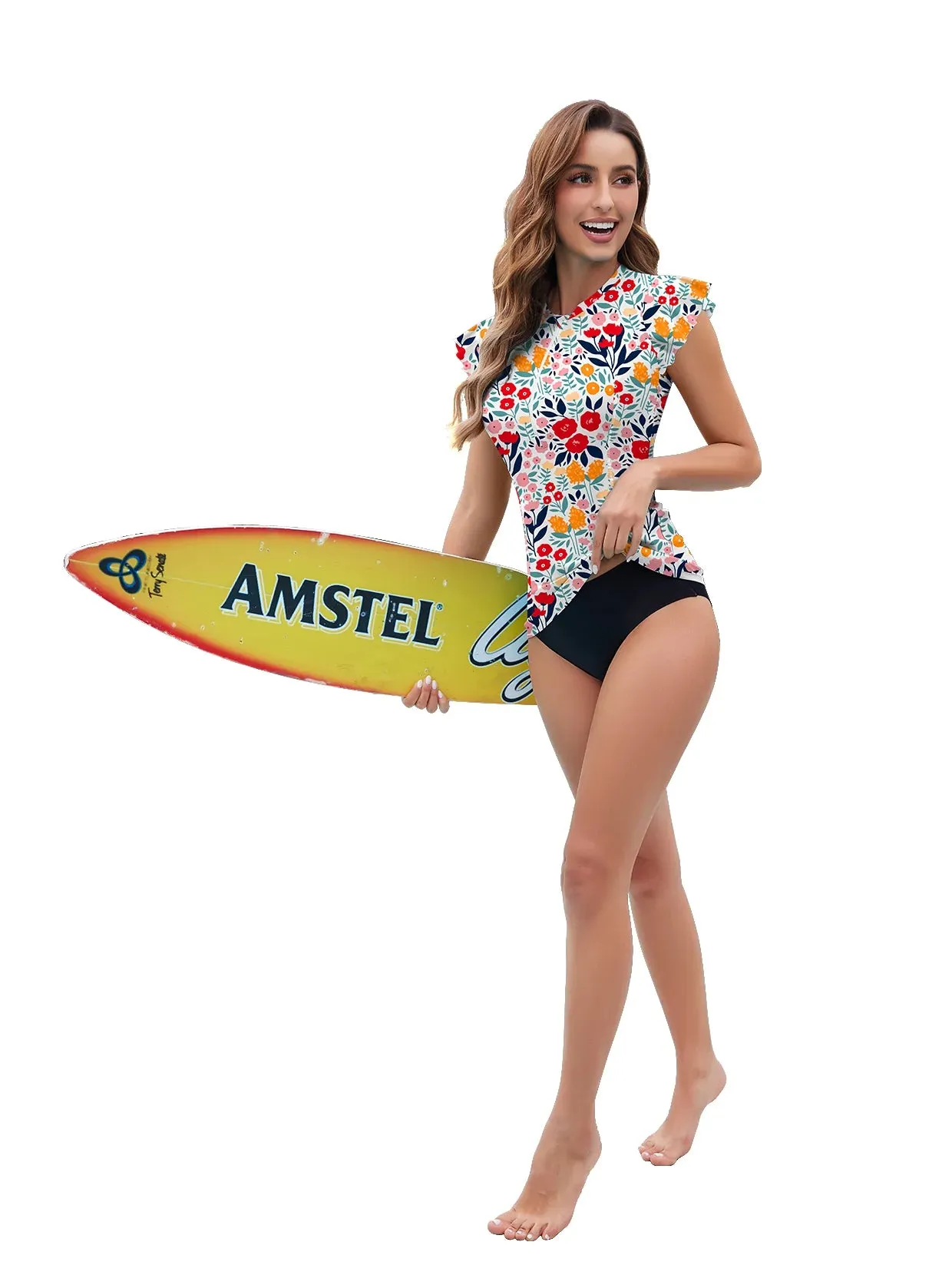 Colorful Floral Ruffled Sleeveless Rash Guard For Women
