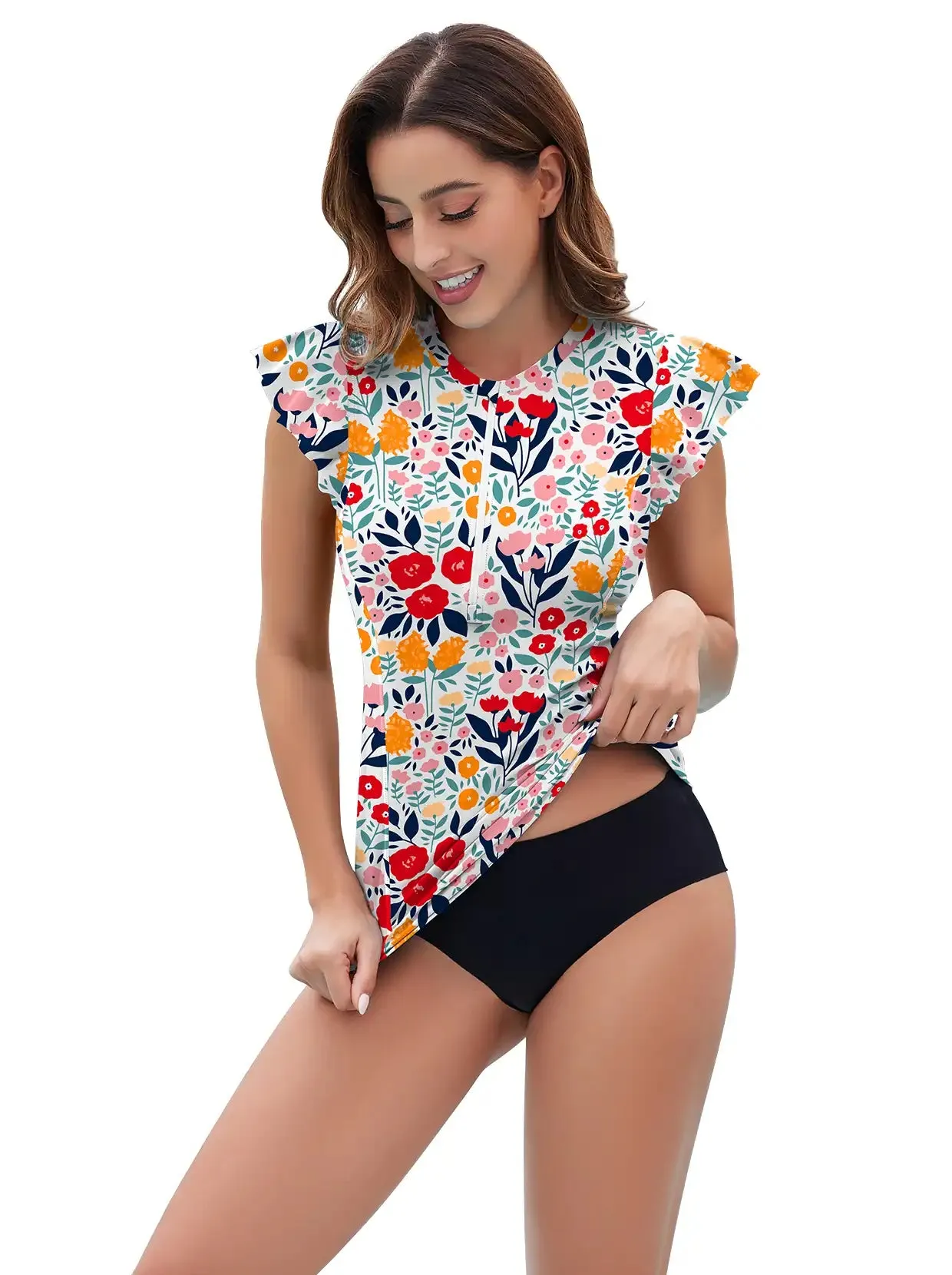 Colorful Floral Ruffled Sleeveless Rash Guard For Women