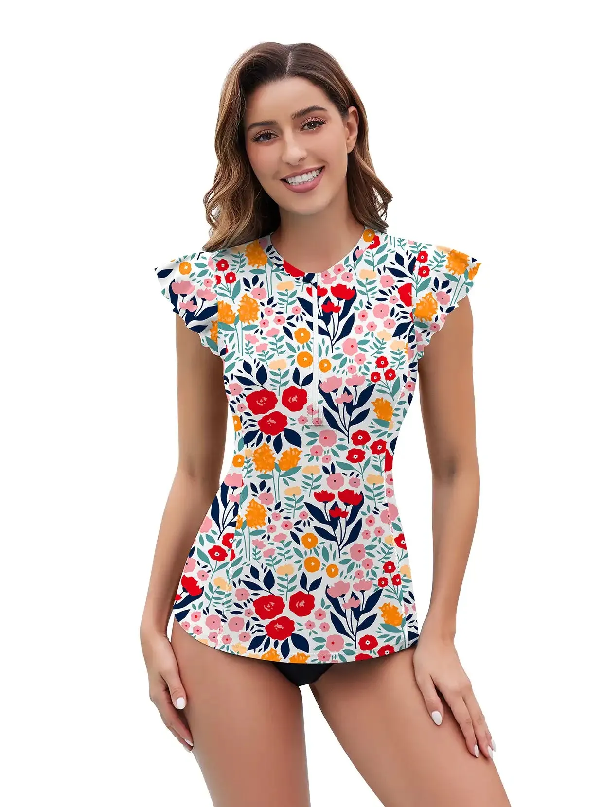 Colorful Floral Ruffled Sleeveless Rash Guard For Women