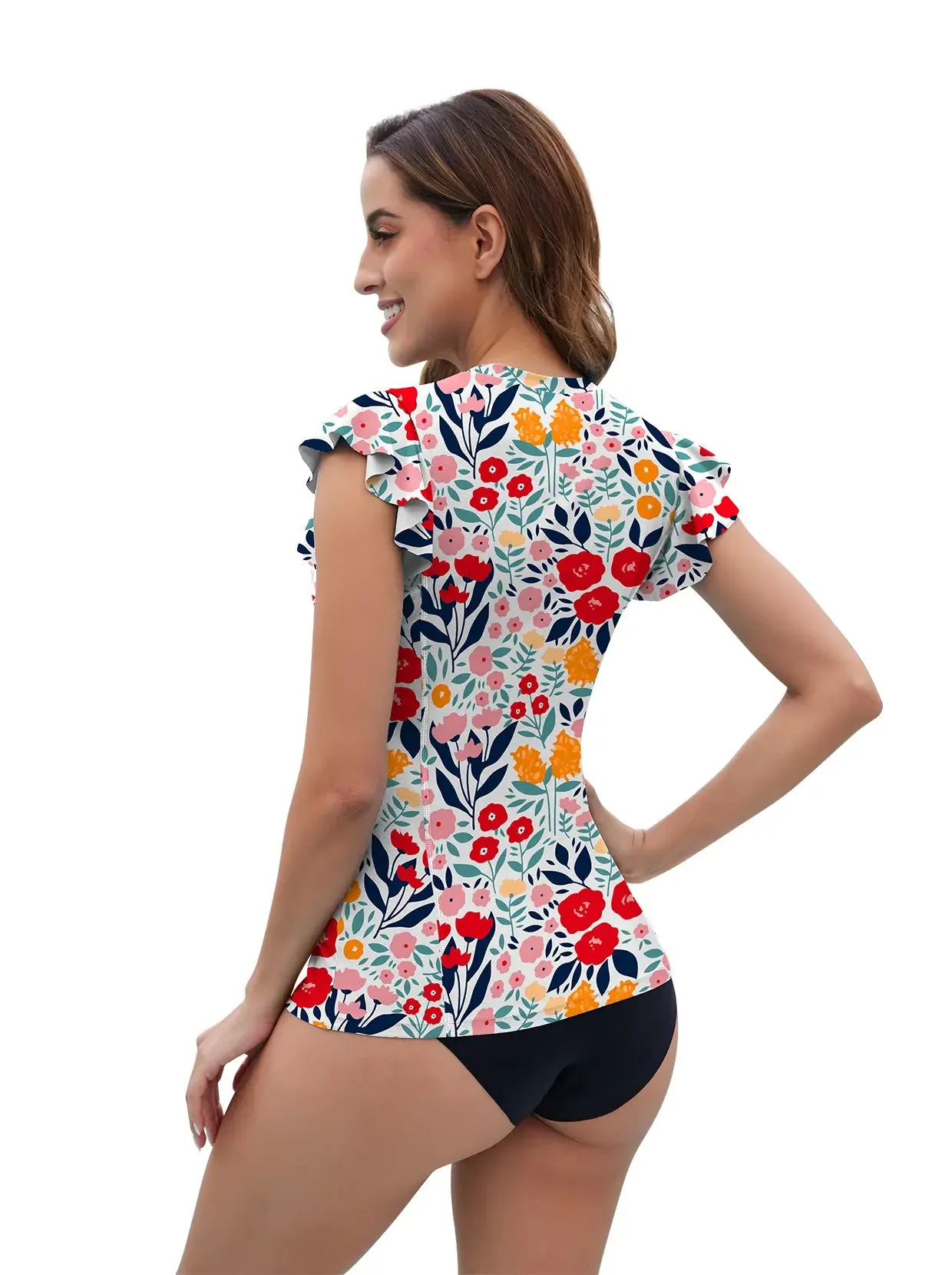 Colorful Floral Ruffled Sleeveless Rash Guard For Women