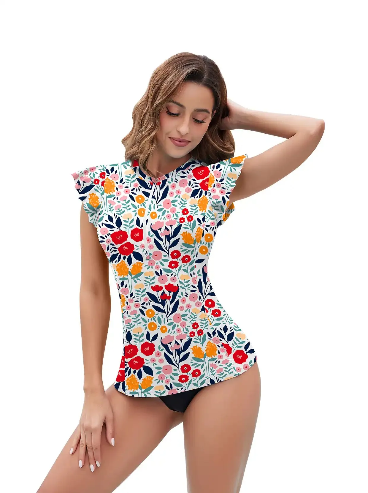 Colorful Floral Ruffled Sleeveless Rash Guard For Women