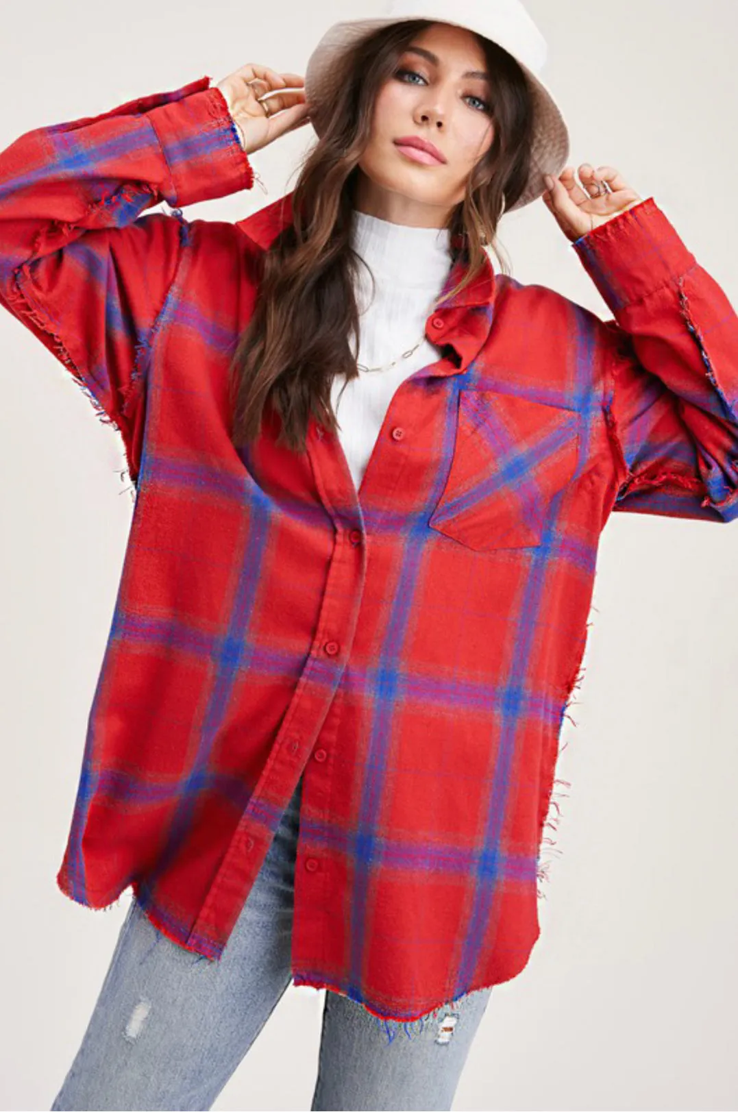 Cool & Edgy oversized flannel shirt *RED*