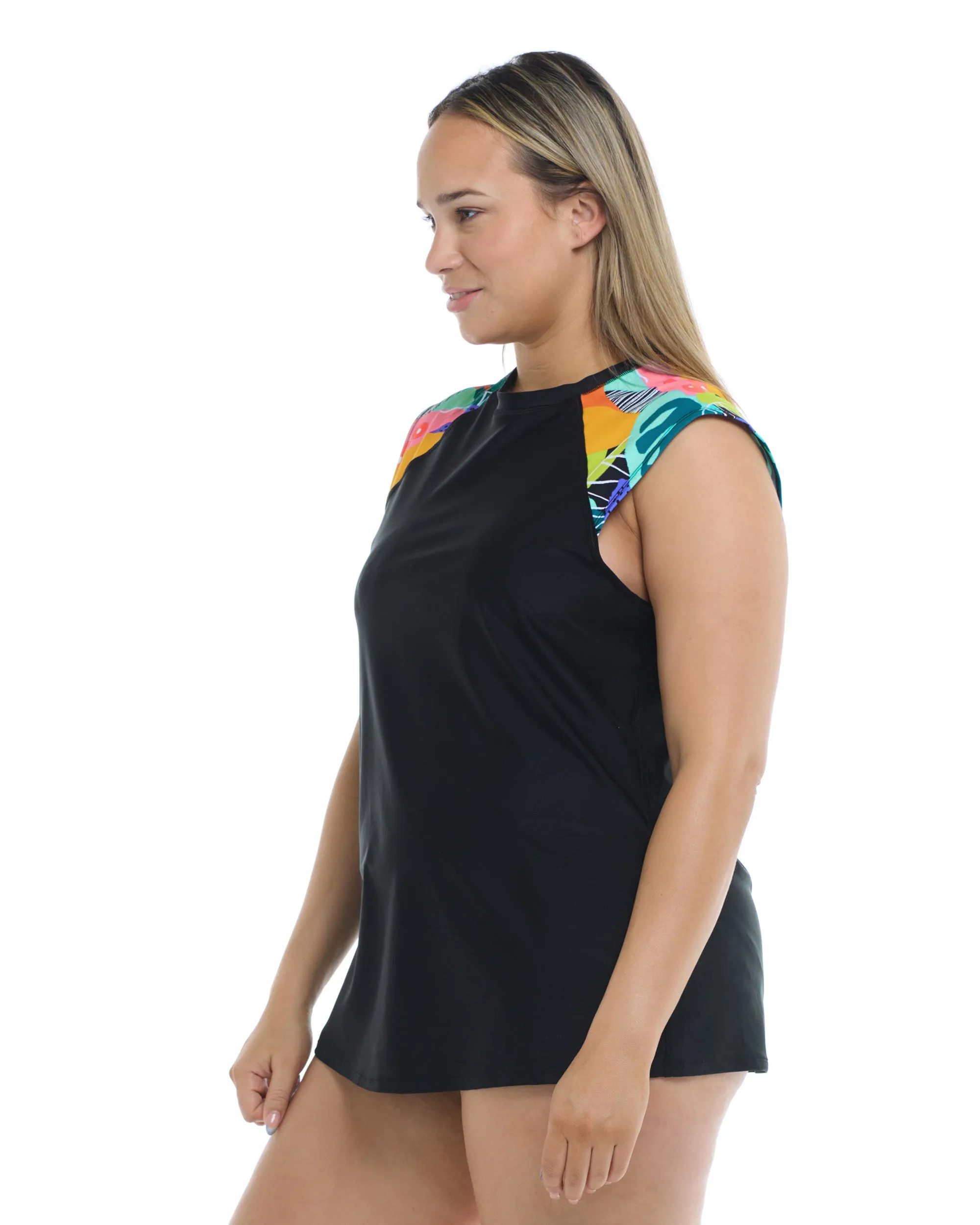 Curacao Plus Size Exhale Cross-Over Rash Guard - Multi