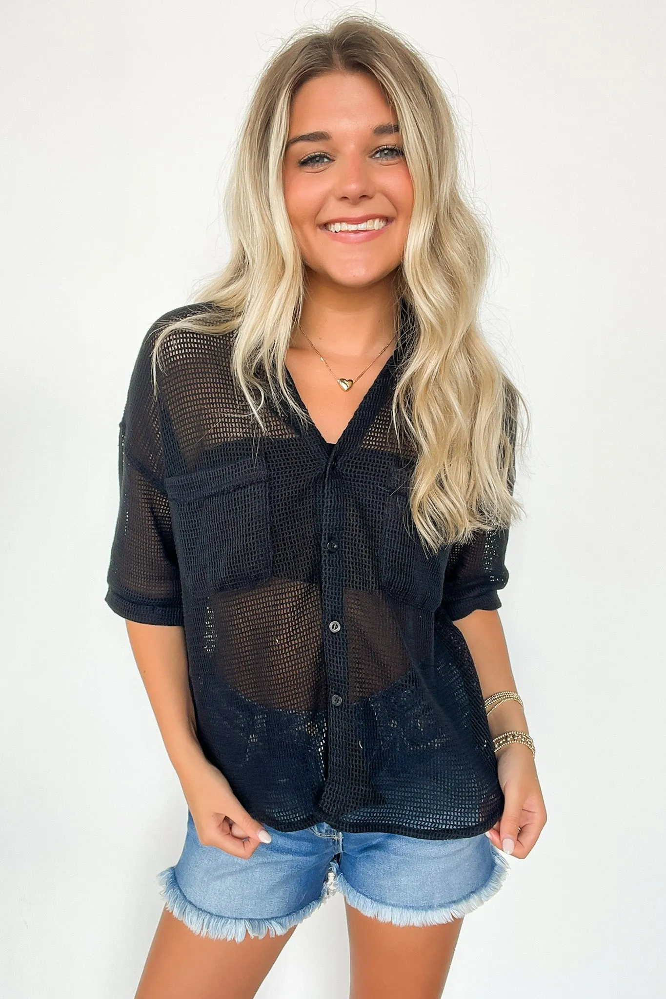 Dennington Short Sleeve Open Knit Button Down Top - FINAL SALE