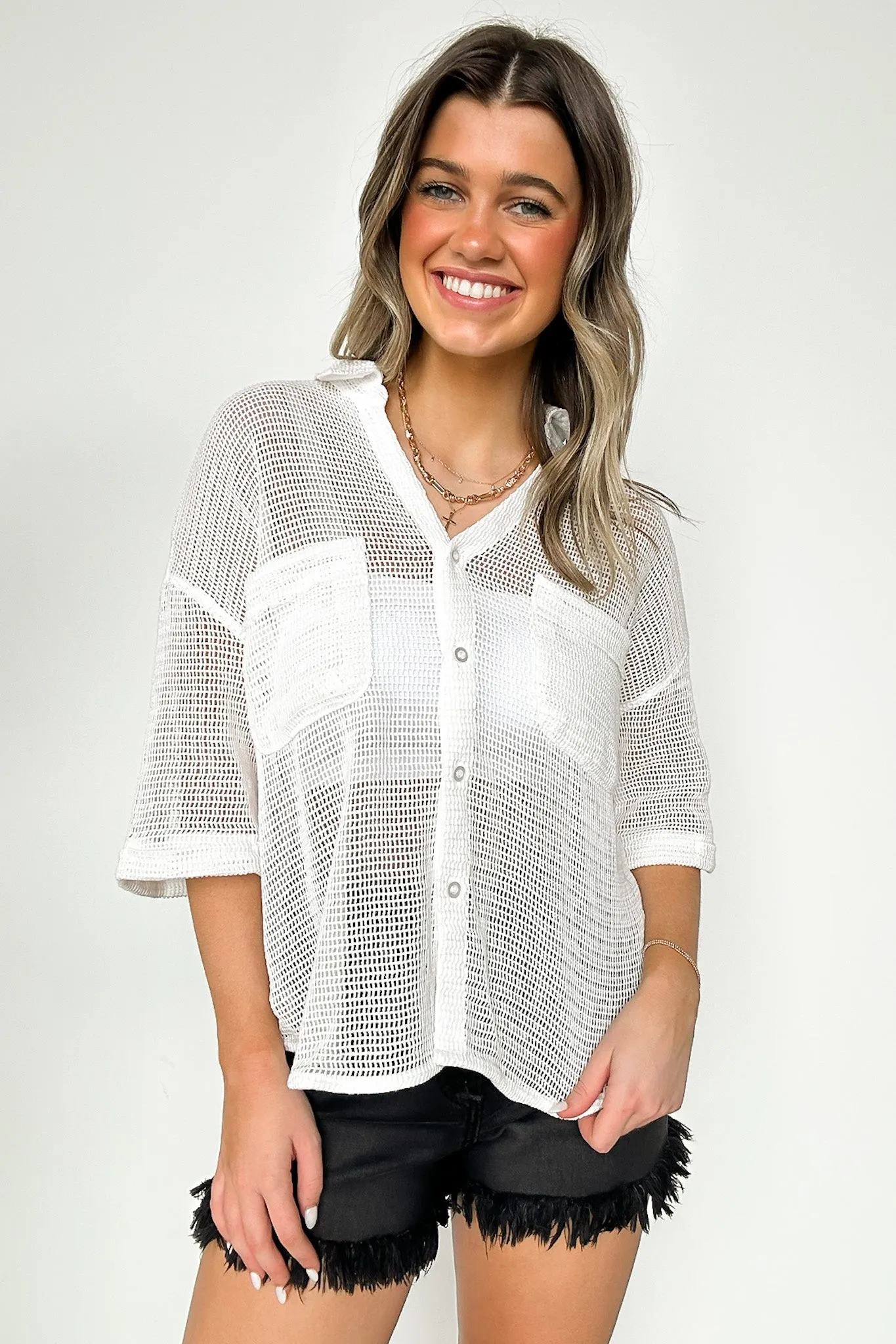 Dennington Short Sleeve Open Knit Button Down Top - FINAL SALE