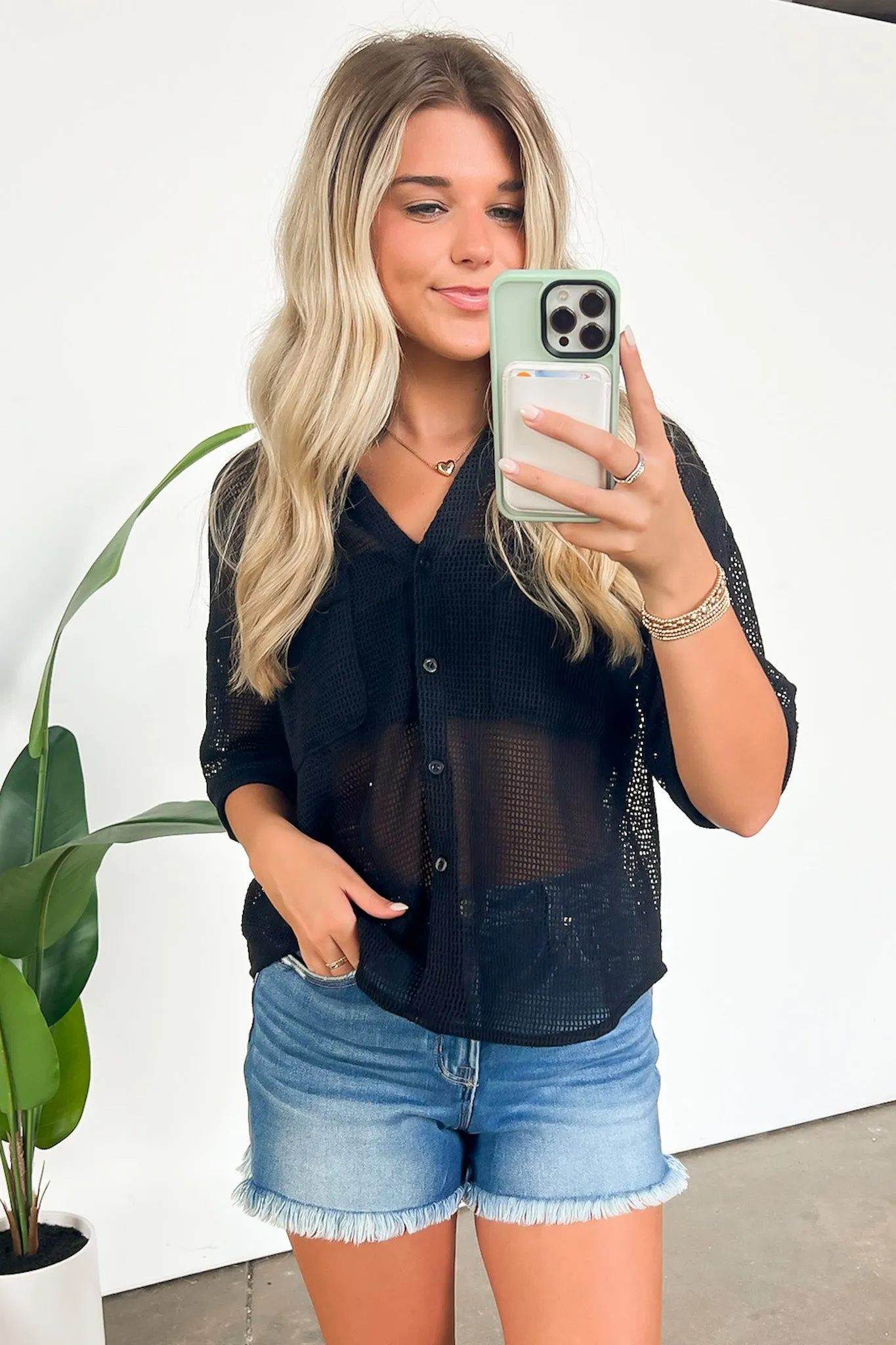 Dennington Short Sleeve Open Knit Button Down Top - FINAL SALE