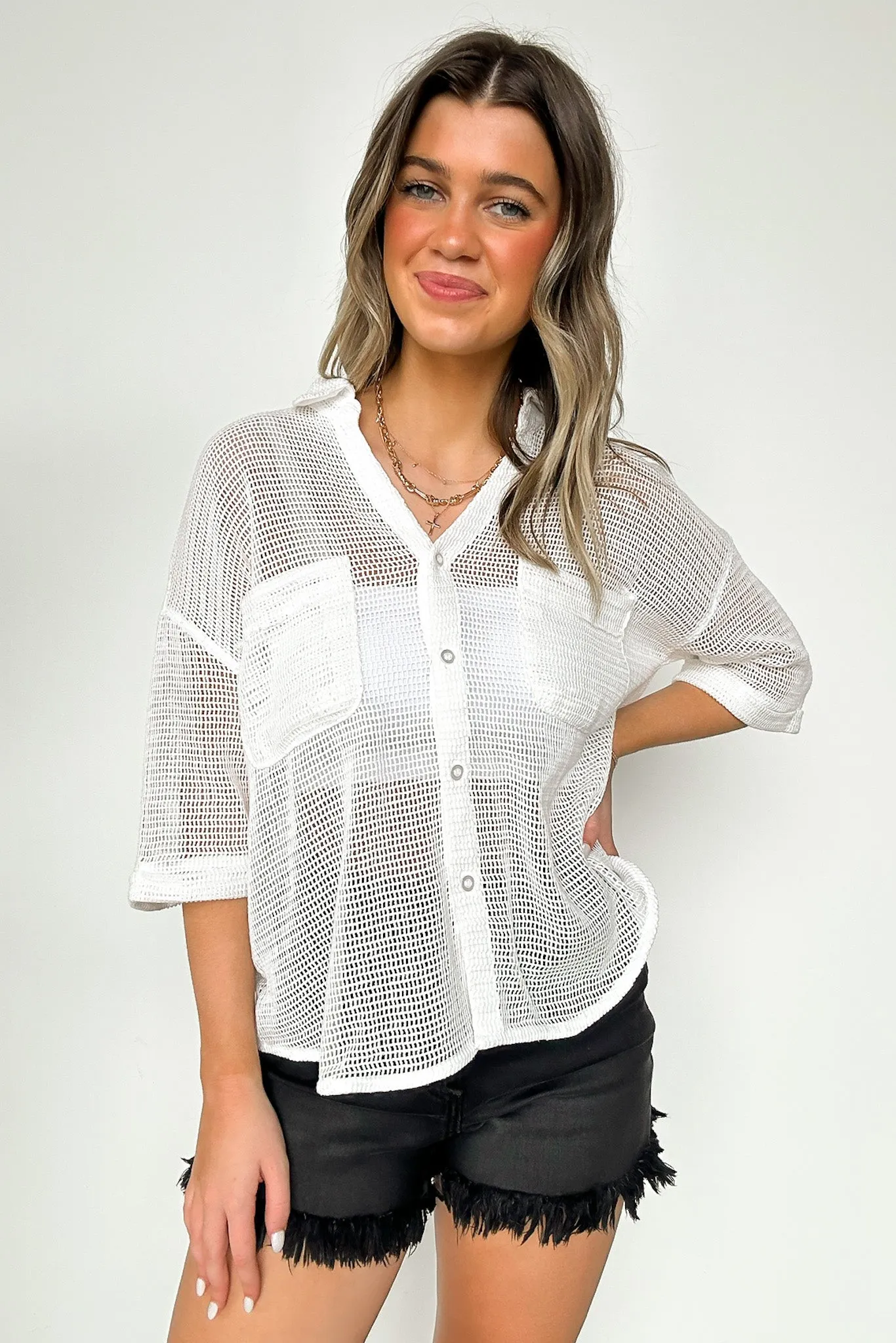 Dennington Short Sleeve Open Knit Button Down Top - FINAL SALE