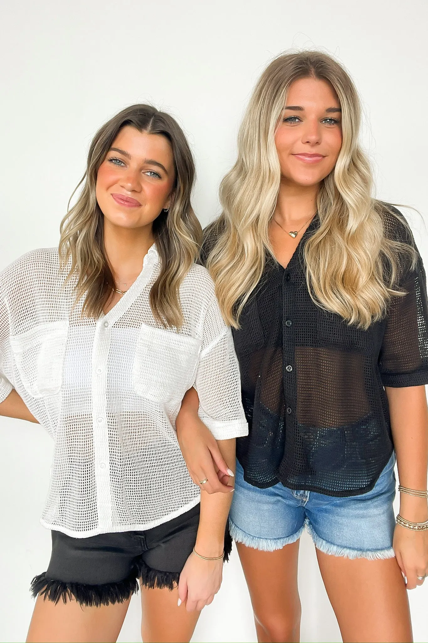 Dennington Short Sleeve Open Knit Button Down Top - FINAL SALE