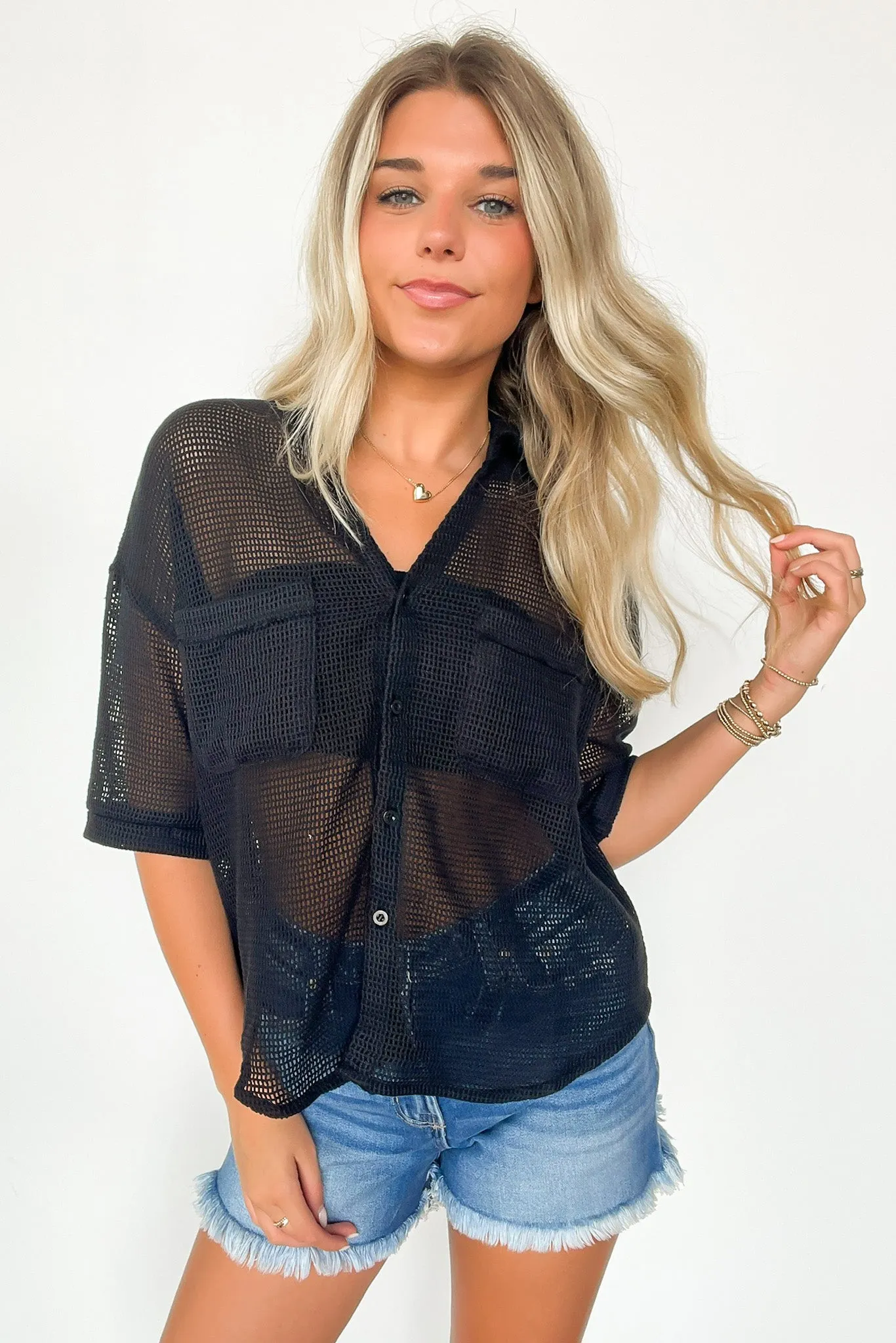 Dennington Short Sleeve Open Knit Button Down Top - FINAL SALE