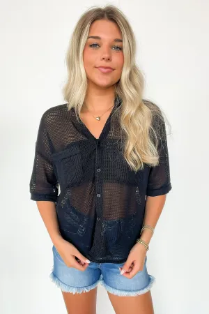 Dennington Short Sleeve Open Knit Button Down Top - FINAL SALE