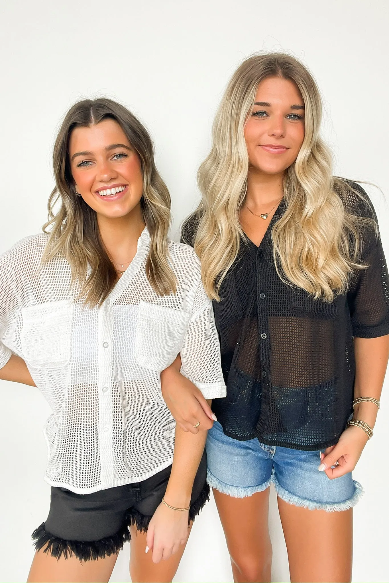 Dennington Short Sleeve Open Knit Button Down Top - FINAL SALE