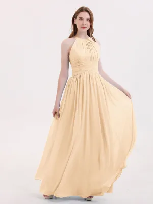 Double Strap Halter Long Chiffon Gowns-Peach