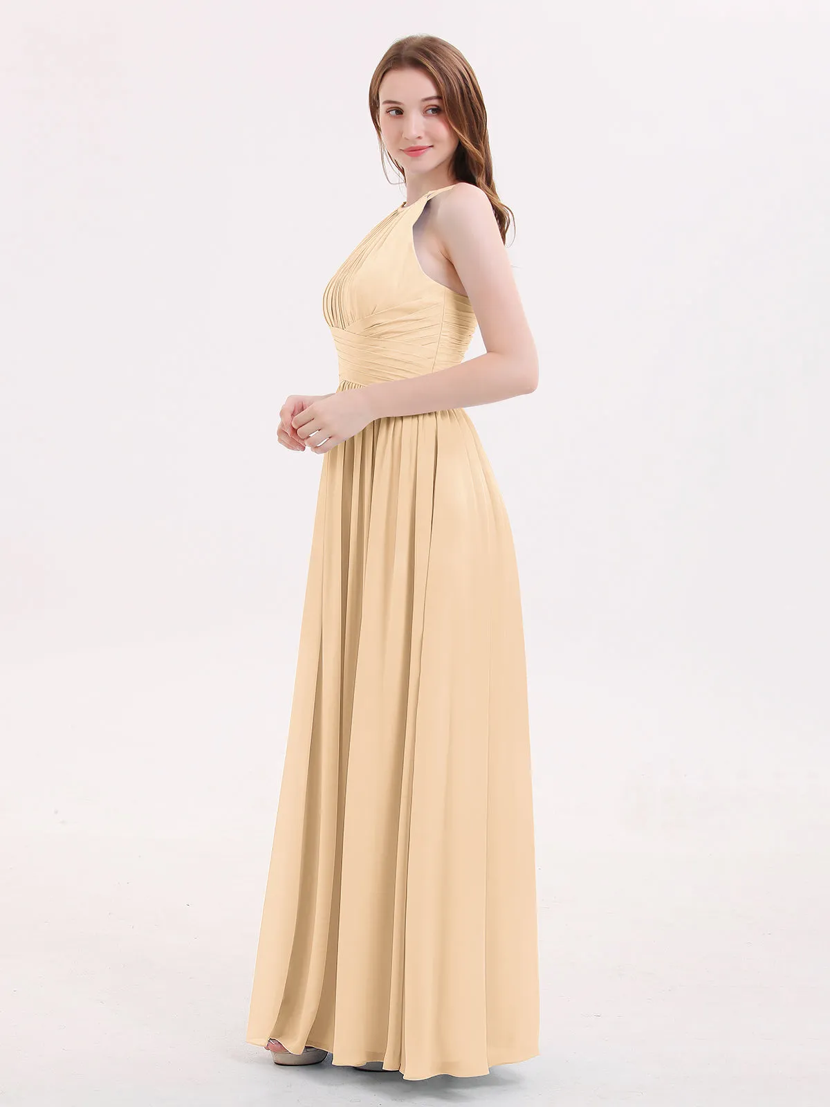 Double Strap Halter Long Chiffon Gowns-Peach