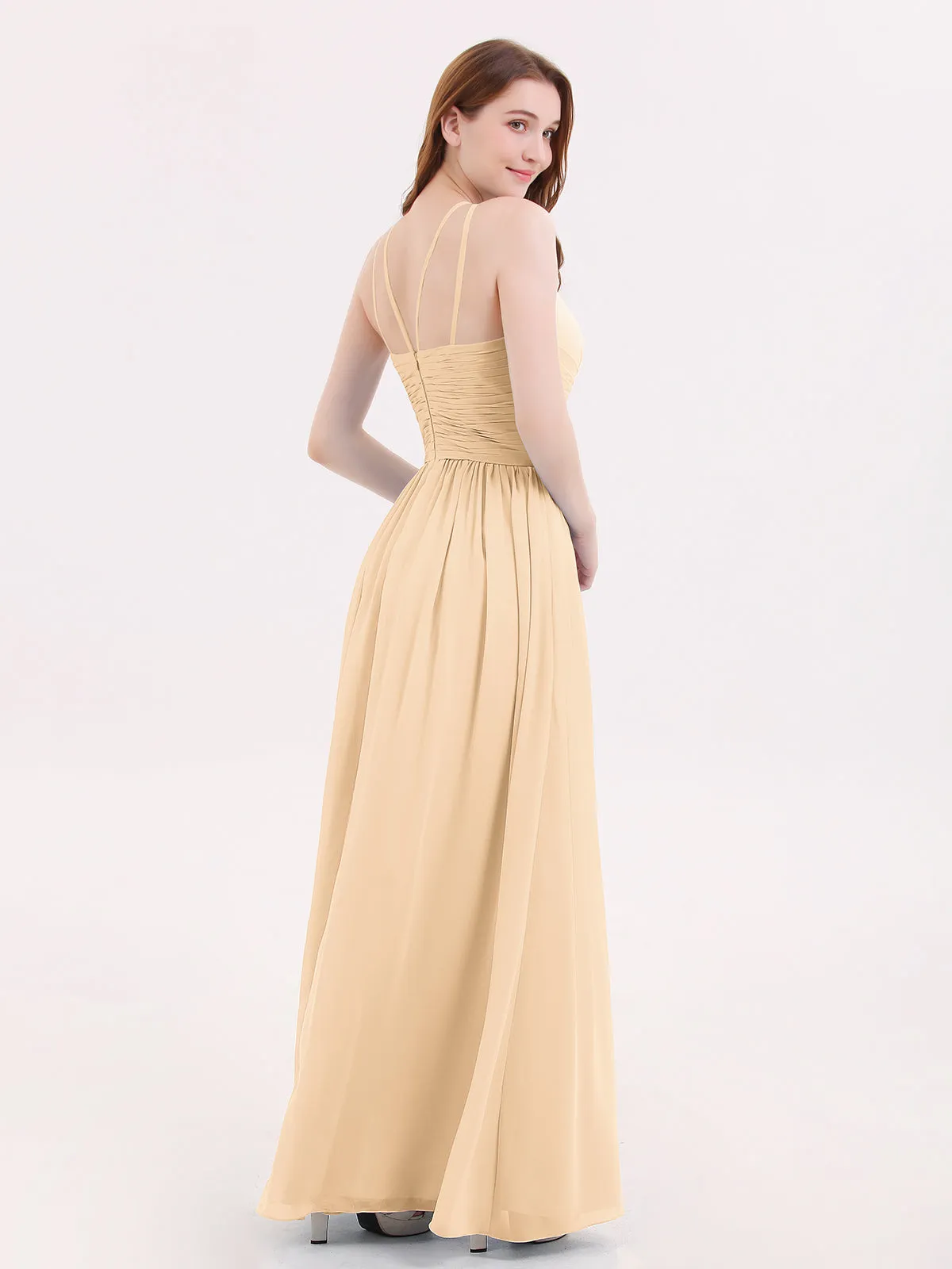 Double Strap Halter Long Chiffon Gowns-Peach