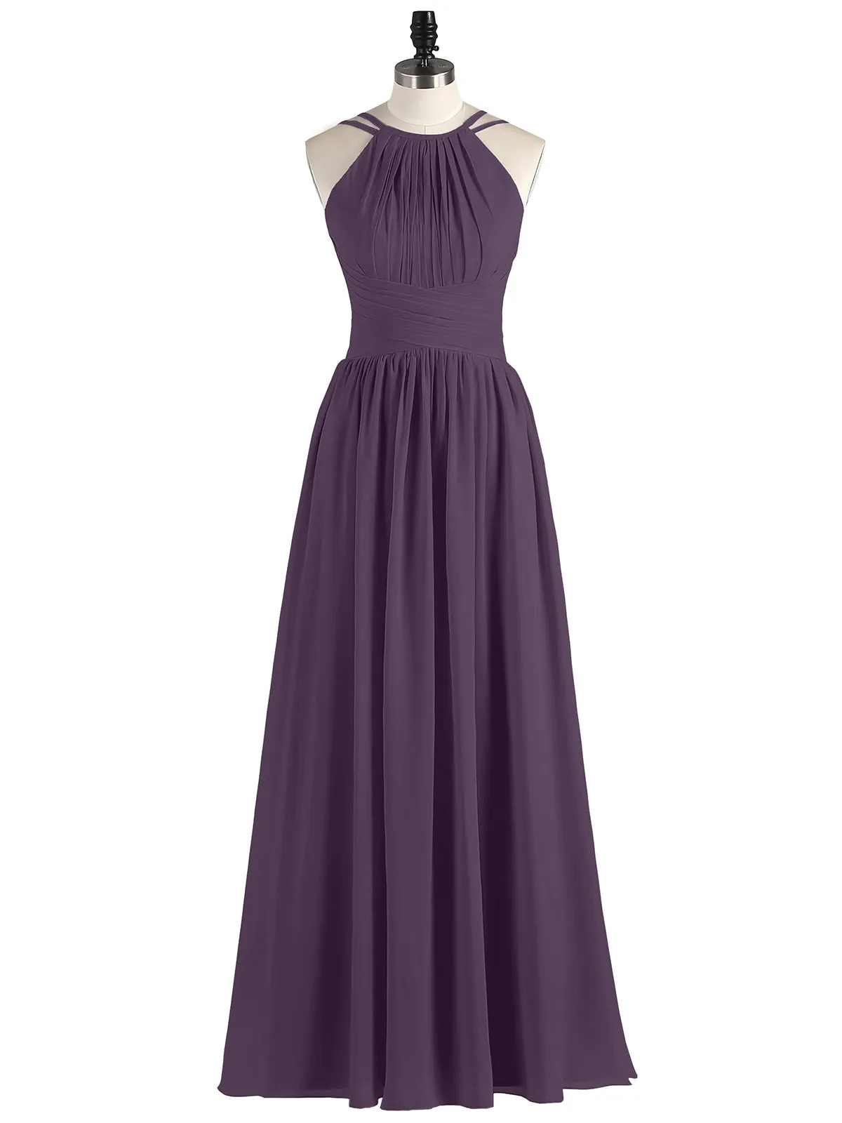 Double Strap Halter Long Chiffon Gowns-Plum