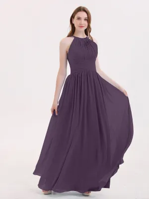 Double Strap Halter Long Chiffon Gowns-Plum