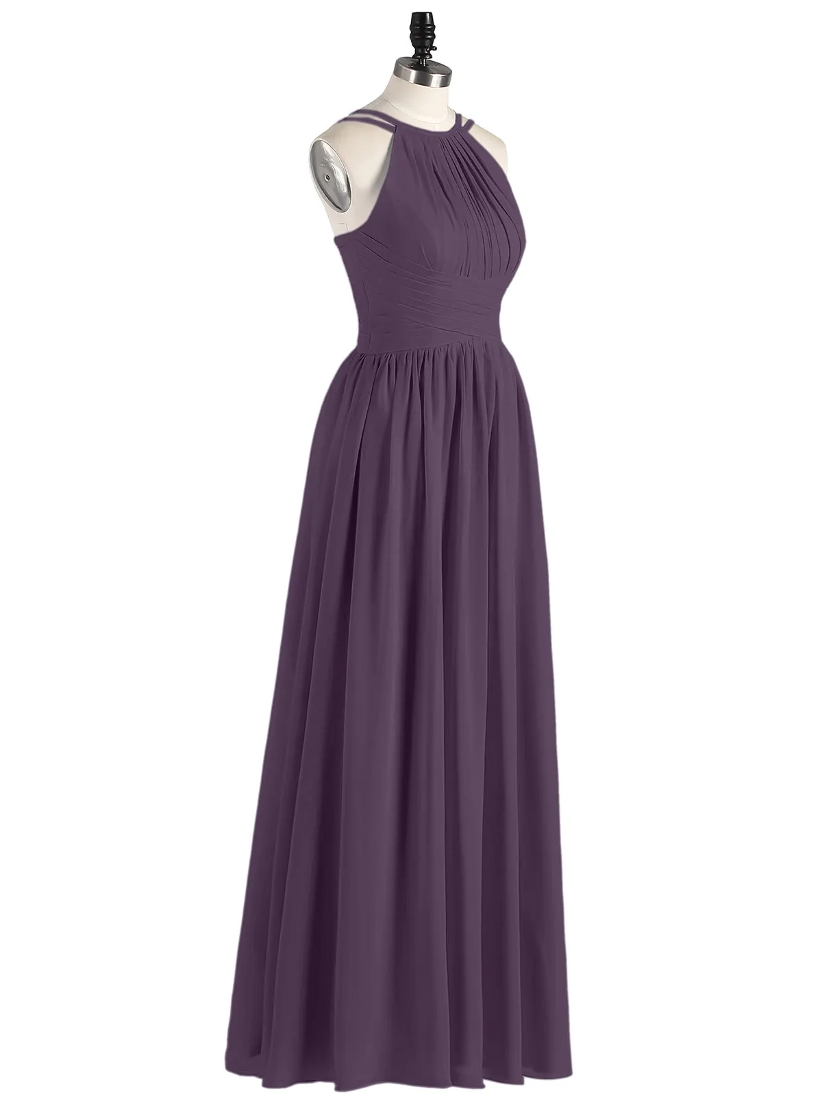 Double Strap Halter Long Chiffon Gowns-Plum