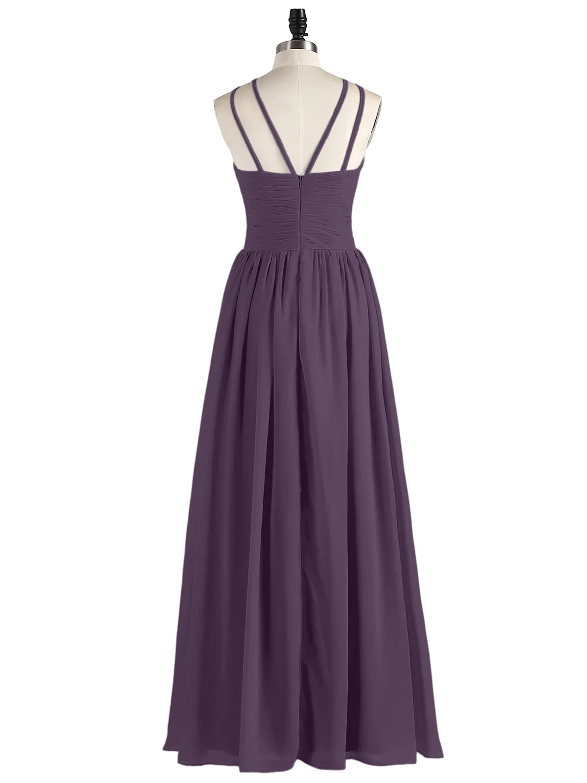 Double Strap Halter Long Chiffon Gowns-Plum