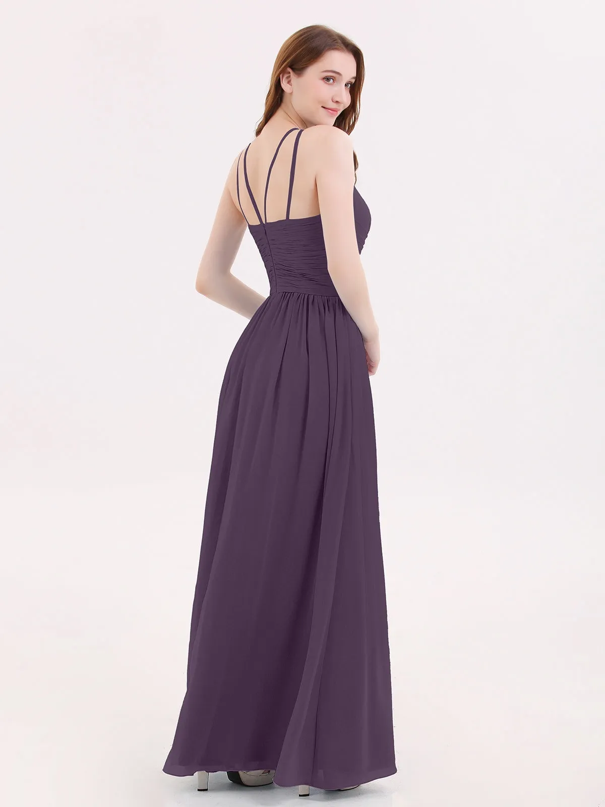 Double Strap Halter Long Chiffon Gowns-Plum