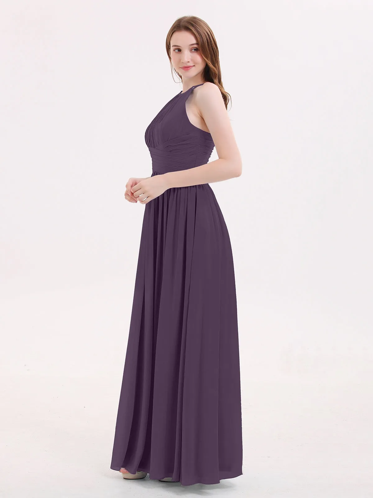 Double Strap Halter Long Chiffon Gowns-Plum