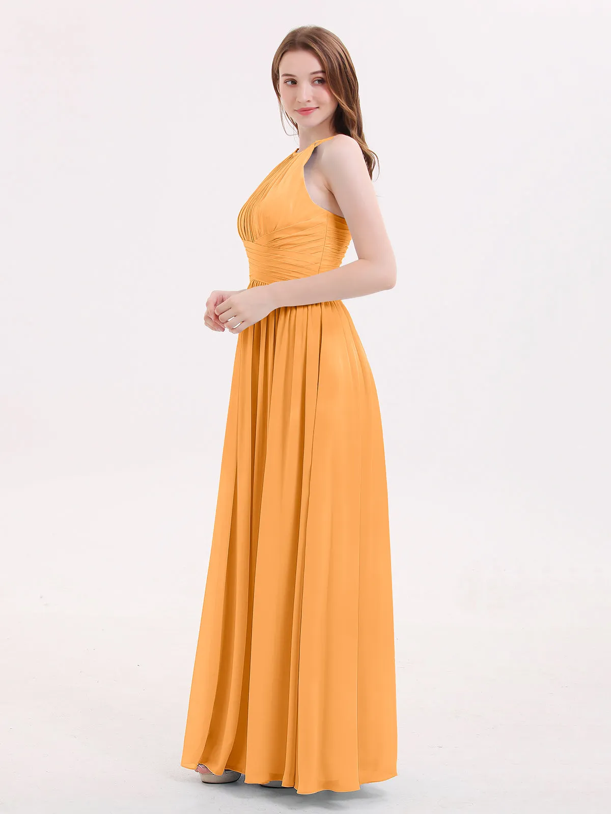 Double Strap Halter Long Chiffon Gowns-Tangerine