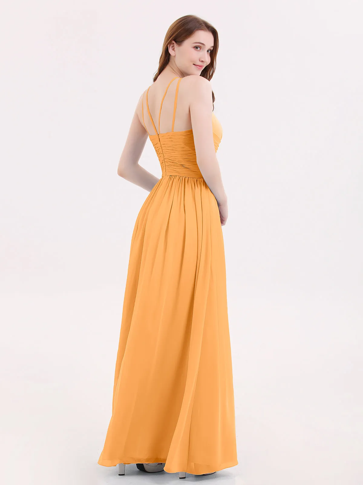 Double Strap Halter Long Chiffon Gowns-Tangerine
