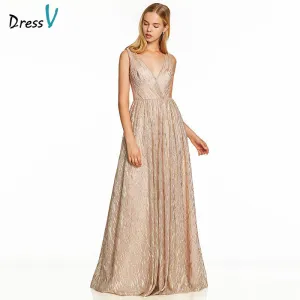 DressV pink long evening dress gilding backless cheap v neck wedding party formal dress a line tulle evening dresses