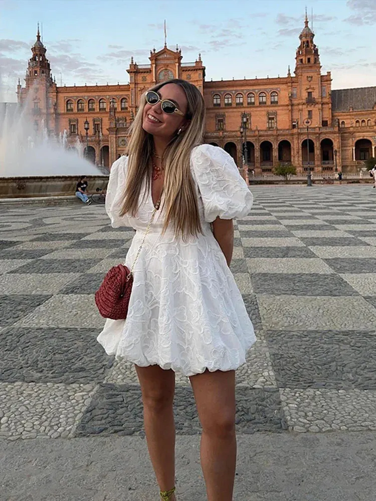 Embroidered A-Line Puff Sleeves Dress