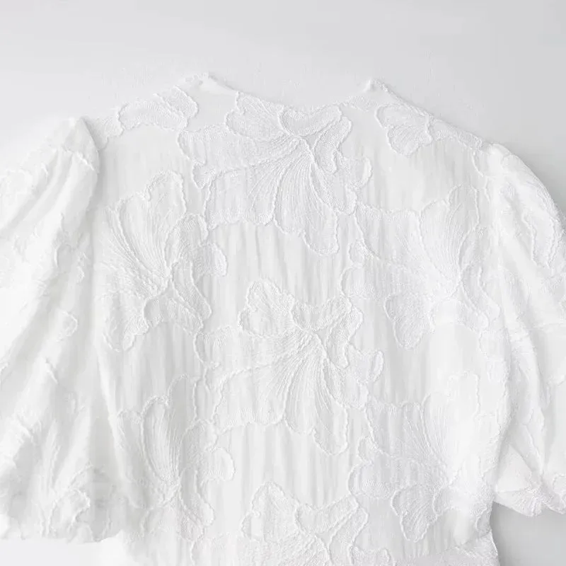 Embroidered A-Line Puff Sleeves Dress