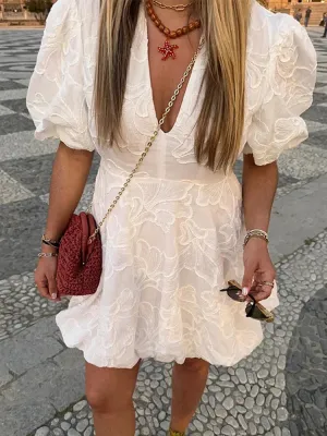 Embroidered A-Line Puff Sleeves Dress