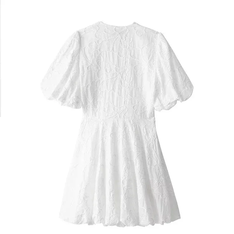 Embroidered A-Line Puff Sleeves Dress
