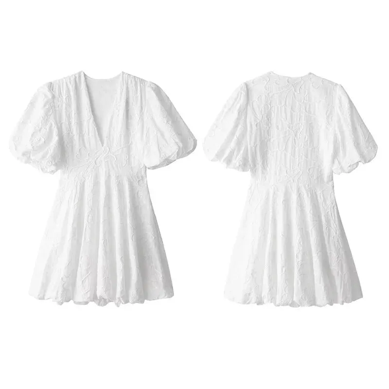 Embroidered A-Line Puff Sleeves Dress